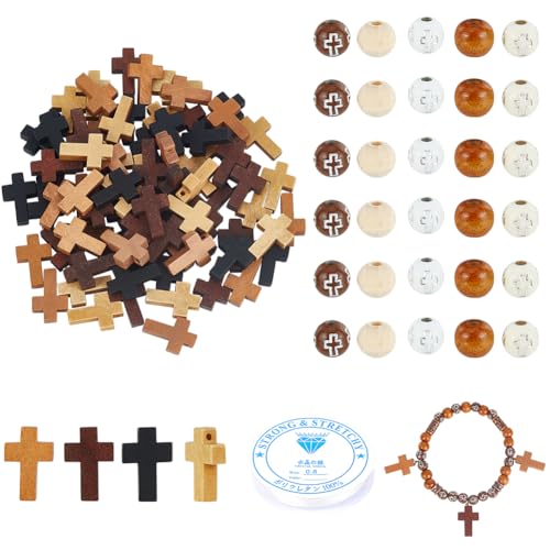 nbeads 330 Stück Kreuz Armband Craft Kit, Holzkreuz-Anhänger Runde Acryl- und Holzperlen Mit elastischem Faden für DIY Craft Armband Halskette Ohrring Schmuck Machen von nbeads