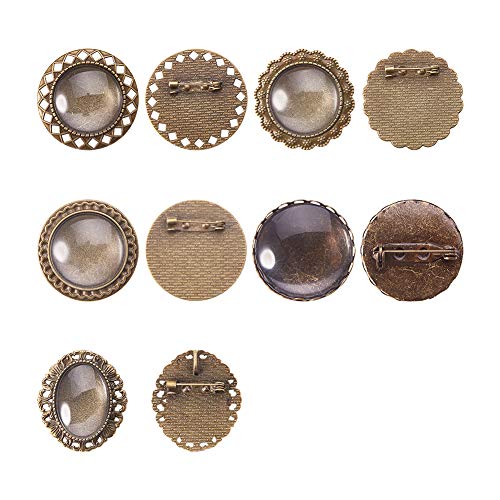 nbeads 50-teilige Legierungsbrosche, runde Broschen Broschenzubehör mit Glas-Cabochons für die Heimwerkerherstellung, antike Bronze, Tablett: 25 mm von nbeads
