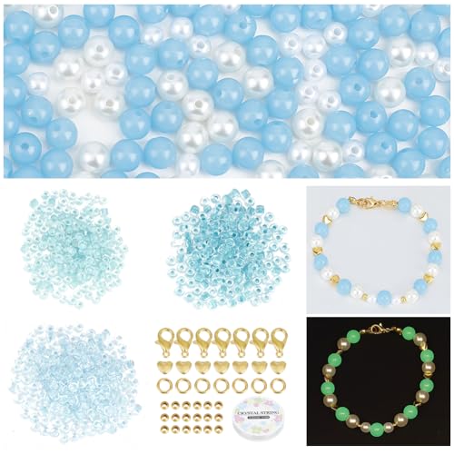 nbeads Armband Herstellung Kit, Glow In The Dark Glasperlen Acryl Nachahmung Perle Perlen Spacer Perlen mit Hummer Klaue Clasps und Jump Rings für Armband Halskette Schmuckherstellung von nbeads