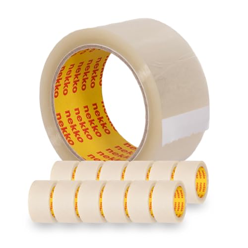 nekko Geräuscharmes Paketklebeband; 12 Rollen - Transparent; Paketband 50mm x 66m, Leise Hochleistungs-Klebeband in Profi-Qualität für Verpackung und Versand von nekko