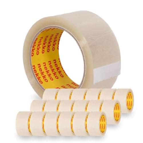 nekko Geräuscharmes Paketklebeband; 18 Rollen - Transparent; Paketband 50mm x 66m, Leise Hochleistungs-Klebeband in Profi-Qualität für Verpackung und Versand von nekko