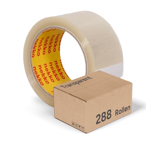 nekko 288 Rollen Paketklebeband Transparent- Starke Klebekraft, Kein Einreißen, Leises Abrollen - Packband Verpackungsband - 50mm x 66m Klebeband von nekko