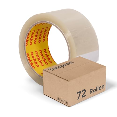 nekko Geräuscharmes Paketklebeband; 72 Rollen - Transparent; Paketband 50mm x 66m, Leise Hochleistungs-Klebeband in Profi-Qualität für Verpackung und Versand von nekko