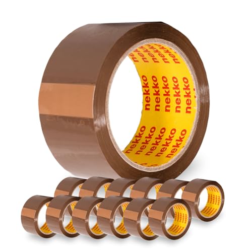 nekko 12 Rollen Paketklebeband Braun- Starke Klebekraft, Kein Einreißen, Leises Abrollen - Packband Verpackungsband - 50mm x 66m Klebeband von nekko