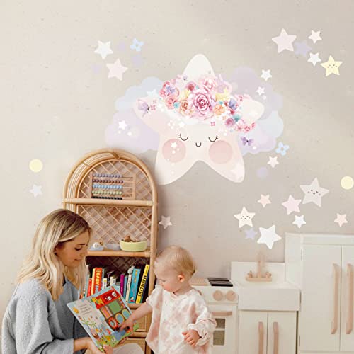 Neukids FABRIC Große Stars Wandtattoo, Kinderzimmer Mädchen Wandsticker, Blumen Wolken Stern Wandaufkleber, Mädchenzimmer Schlafzimmer Wohnzimmer Babyzimmer Klassenzimmer Wanddeko von neukids