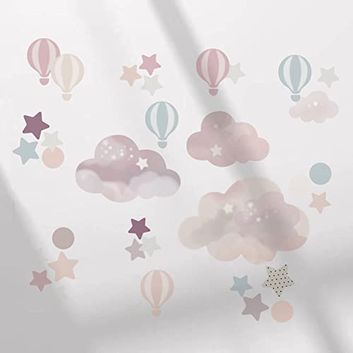 Neukids FABRIC Heißluftballons Wandtattoo, Wolke Stern Heißluftballon Wandsticker, Kinderzimmer Mädchen Wandaufkleber, Mädchenzimmer Schlafzimmer Wohnzimmer Babyzimmer Klassenzimmer Wanddeko von neukids