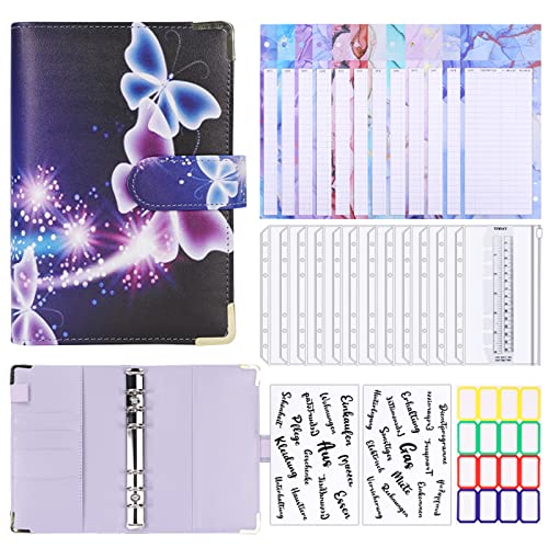 Budget Planner Budget Binder Deutsch,A6 Bugetplaner,haushaltsbuch mit geldfächer,Leder Ringbuch Geld Organizer,Sparbuch mit Folien für Finanzplaner,Buget,Geld Sparen Mappe (Lila Schmetterling) von newplenty