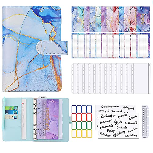 Budget Planner Budget Binder Deutsch,A6 Bugetplaner,haushaltsbuch mit geldfächer,Leder Ringbuch Geld Organizer,Sparbuch mit Folien für Finanzplaner,Geld Sparen,Cash Stuffing (Marmor Blau) von newplenty