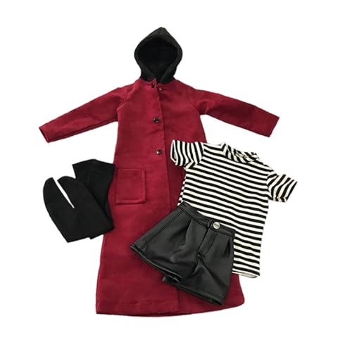 niannyyhouse 1/3 1/4 1/6 BJD Puppen Kleidung Burgunderrot Mantel Gestreiftes T-Shirt Leder Shorts Socken Ball Gelenk Puppen Zubehör Dress Up Geschenk (1/6BJD) von niannyyhouse
