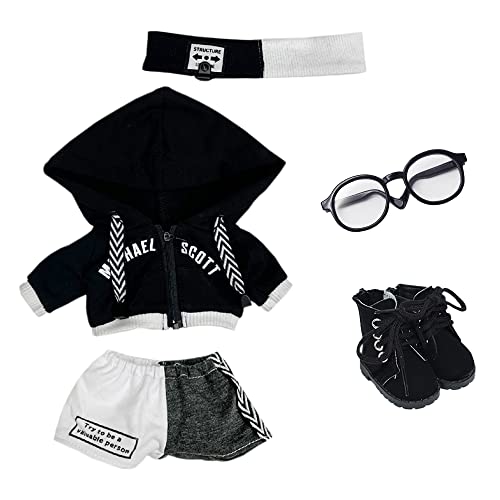 niannyyhouse 15 cm große Plüschpuppenkleidung, lose schwarze und weiße Anzug, Kopfbedeckung, Kapuzenpullover, Hose, Brille, Schuhe, Puppe, Dressup (schwarz, 15 cm) von niannyyhouse