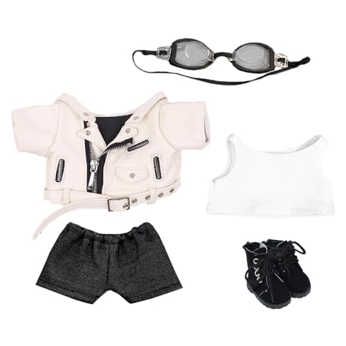 niannyyhouse 20 cm Plüschpuppenkleidung, Ledermantel, Jeans, Brille, Weste, Schuhe, Jacke, Outfit, 20,3 cm, Puppen verkleiden sich (weiß, 20 cm) von niannyyhouse