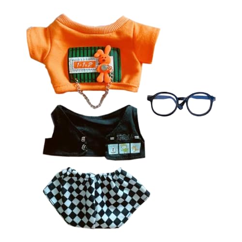 niannyyhouse 20 cm Plüschpuppenkleidung, T-Shirt, Weste, Hose, Brille, cooles Outfit, 20,3 cm, Puppen verkleiden sich (Orange) von niannyyhouse
