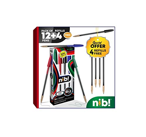 Nib! Transparenter Kugelschreiber, 1,0 mm, Rot, Grün, Blau, Schwarz, 12 Stück und 4 Ersatzminen NIBBPTRRDGRBKBL10+2 von nib!