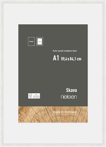 nielsen Bilderrahmen mit Passepartout, 59,4 x 84,1 cm (A1), Holz, Weiß, Posterrahmen zum Aufhängen im Hoch- & Querformat, Echtglas, Skava von nielsen