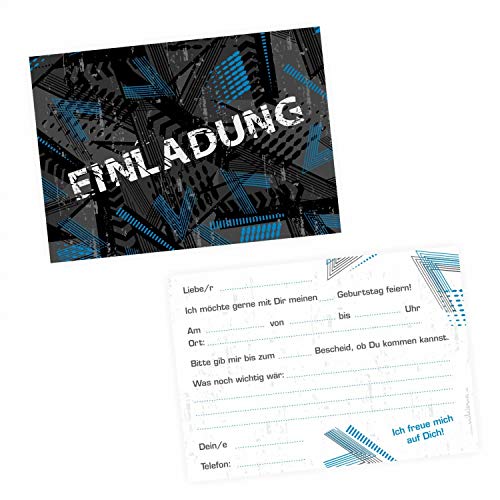 nikima Schönes für Kinder 5 Coole Einladungskarten Trash Blau Schwarz inkl. 5 Transparenten Briefumschlägen Kindergeburtstag Junge Teenager Einladung von nikima Schönes für Kinder