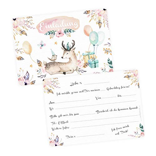 nikima Schönes für Kinder 5 Einladungskarten REH Hirsch Luftballon Geschenke inkl. 5 Transparenten Briefumschlägen Kindergeburtstag Mädchen Einladung von nikima Schönes für Kinder