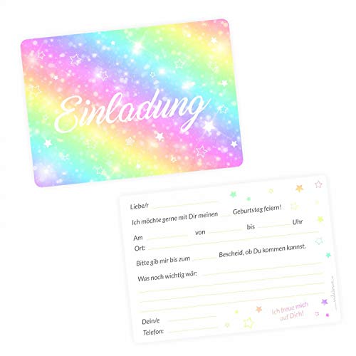 nikima Schönes für Kinder 5 Einladungskarten Regenbogen Sterne mit Glitzer inkl. 5 Transparenten Briefumschlägen Kindergeburtstag Mädchen Bunt Einladung Sterne PARTY Bunt von nikima Schönes für Kinder