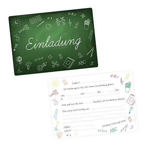 nikima Schönes für Kinder 5 Einladungskarten zur Einschulung Tafel grün inkl. 5 Transparenten Briefumschlägen Einladung Junge Mädchen Kreide weiß von nikima Schönes für Kinder