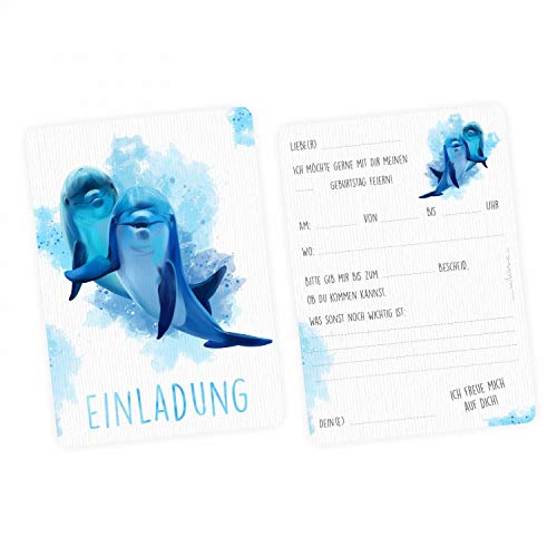nikima Schönes für Kinder 5 Einladungskarten Delfine blau/weiß mit GLITZER inkl. 5 Briefumschlägen - Kindergeburtstag Mädchen blau türkis weiß von nikima Schönes für Kinder