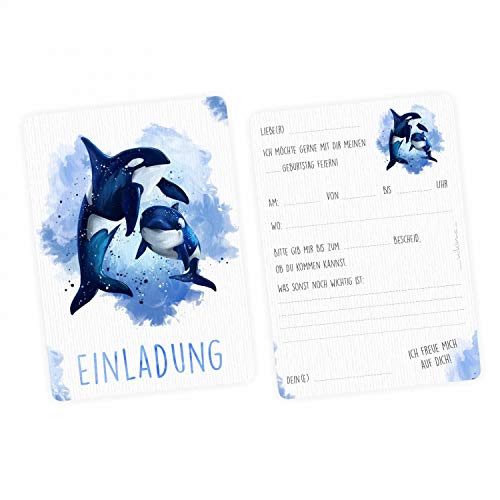 nikima Schönes für Kinder 5 Einladungskarten Orca blau/weiß mit GLITZER inkl. 5 Briefumschlägen - Kindergeburtstag Mädchen Junge blau weiß von nikima Schönes für Kinder