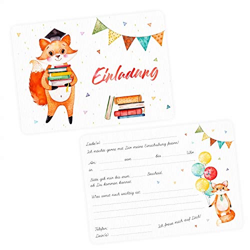 5 Einladungskarten zur Einschulung Fuchs inkl. 5 transparenten Briefumschlägen Einladung Junge Mädchen Wimpelkette Luftballon bunt Aquarell von nikima Schönes für Kinder