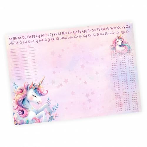A3 Schreibtischunterlage Einhorn rosa mit kleinem 1x1 und Alphabet Notizblock 50 Blatt Malunterlage Papier 50 Blatt Kinder Mädchen Schreibtisch Auflage von nikima Schönes für Kinder