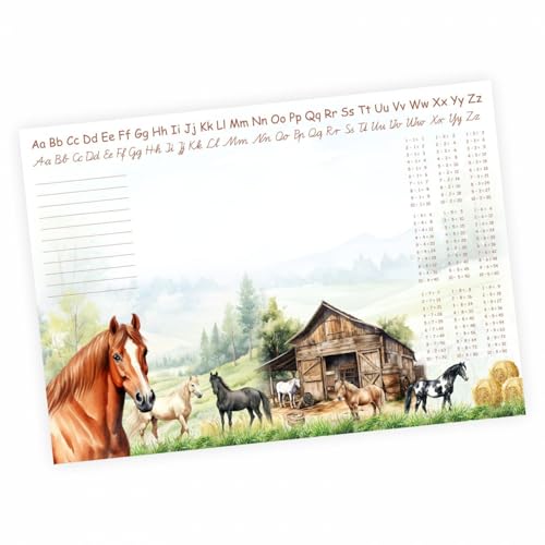 A3 Schreibtischunterlage Pferde Pony mit kleinem 1x1 und Alphabet Notizblock 50 Blatt Malunterlage Papier 50 Blatt Kinder Mädchen Schreibtisch Auflage von nikima Schönes für Kinder