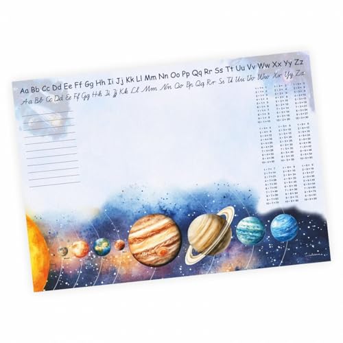 A3 Schreibtischunterlage Sonnensystem Planeten mit kleinem 1x1 und Alphabet Notizblock 50 Blatt Malunterlage Papier 50 Blatt Kinder Schreibtisch Auflage Junge Weltall von nikima Schönes für Kinder