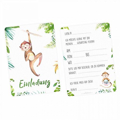 nikima Schönes für Kinder - 5 Einladungskarten Affe Dschungel Grün inkl. 5 Transparenten Briefumschlägen Kinder Geburtstag Mädchen Junge Einladung Feier Aquarell von nikima Schönes für Kinder