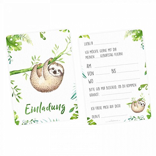 nikima Schönes für Kinder - 5 Einladungskarten Faultier Dschungel Grün inkl. 5 Transparenten Briefumschlägen Kinder Geburtstag Mädchen Junge Einladung Feier Aquarell von nikima Schönes für Kinder
