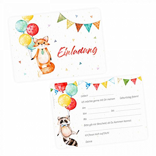 nikima Schönes für Kinder - 10 Einladungskarten Fuchs Waschbär Luftballon inkl. 10 Transparenten Briefumschlägen Kinder Geburtstag Mädchen Junge Einladung Feier Girlande Konfetti Wimpelkette Bunt von nikima Schönes für Kinder