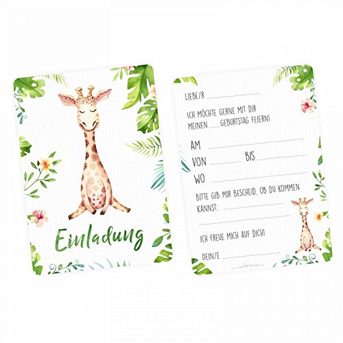 nikima Schönes für Kinder - 5 Einladungskarten Giraffe Dschungel Grün inkl. 5 Transparenten Briefumschlägen Kinder Geburtstag Mädchen Junge Einladung Feier Aquarell Dschungel Tier von nikima Schönes für Kinder