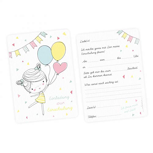 nikima Schönes für Kinder 5 Einladungskarten zur Einschulung Mädchen mit Luftballons mit Glitzer inkl. 5 Transparenten Briefumschlägen Einladung Schuleintritt Pastel Gelb Rosa Blau Punkte von nikima Schönes für Kinder