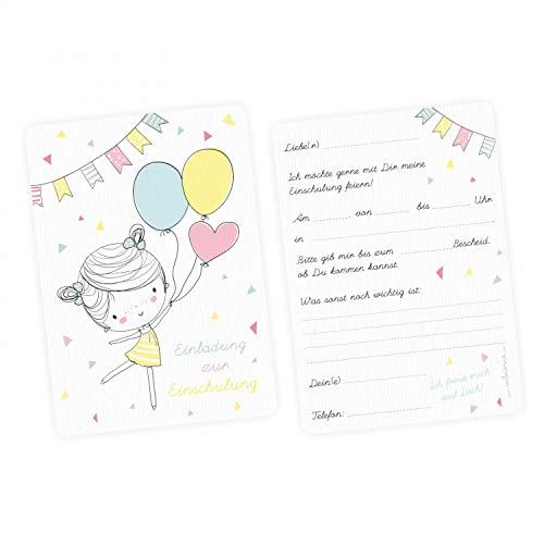 nikima Schönes für Kinder 10 Einladungskarten zur Einschulung Mädchen mit Luftballons mit Glitzer inkl. 10 Transparenten Briefumschlägen Einladung Schuleintritt Pastel Gelb Rosa Blau Punkte von nikima Schönes für Kinder
