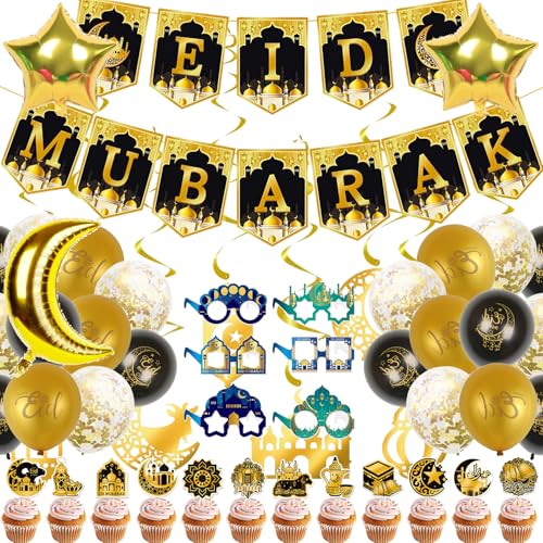 Eid Mubarak & Ramadan Dekorationen Set für Zuhause - Islamische Party Decor Kit mit Luftballons, Banner, Papiergläser, hängende Wirbel, Cupcake Toppers für Ramadan Party, Familienfeiern (Schwarz Gold) Eid Mubarak & Ramadan Dekorationen Set für Zuhause - Islamische Party Decor Kit mit Luftballons, Banner, Papiergläser, hängende Wirbel, Cupcake Toppers für Ramadan Party, Familienfeiern (Schwarz Gold) von nnOuOnn