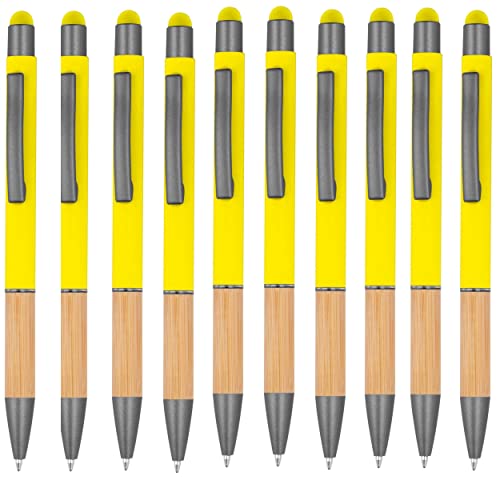 noTrash2003 10 ergonomische Kugelschreiber mit Metallspitze und Bambus Griffzone und Touchfunktion 10 Farben Druckkugelschreiber Mehrfarbig blauschreibend (Gelb) von noTrash2003