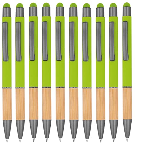 noTrash2003 10 ergonomische Kugelschreiber mit Metallspitze und Bambus Griffzone und Touchfunktion 10 Farben Druckkugelschreiber Mehrfarbig blauschreibend (Grün) von noTrash2003