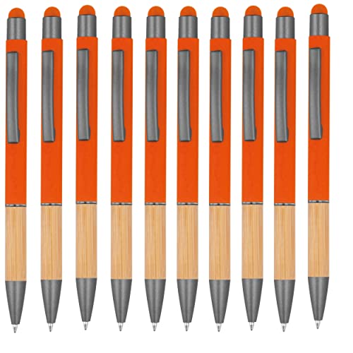 noTrash2003 10 ergonomische Kugelschreiber mit Metallspitze und Bambus Griffzone und Touchfunktion 10 Farben Druckkugelschreiber Mehrfarbig blauschreibend (Orange) von noTrash2003