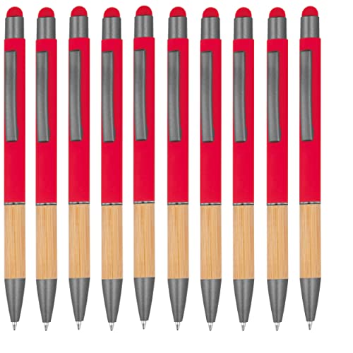 noTrash2003 10 ergonomische Kugelschreiber mit Metallspitze und Bambus Griffzone und Touchfunktion 10 Farben Druckkugelschreiber Mehrfarbig blauschreibend (Rot) von noTrash2003