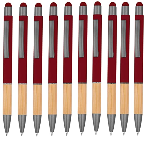 noTrash2003 10 ergonomische Kugelschreiber mit Metallspitze und Bambus Griffzone und Touchfunktion 10 Farben Druckkugelschreiber Mehrfarbig blauschreibend (Weinrot) von noTrash2003