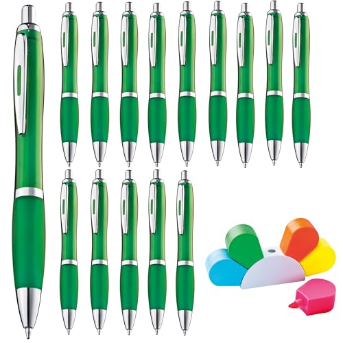 noTrash2003 50 Stück ergonomischer Kugelschreiber Kulis Druckkugelschreiber in trendigen Farben für Gewerbe, Gastronomie, Haushalt, Schule im Sparset mit gratis Textmarker inklusive (Dukelgrün) von noTrash2003