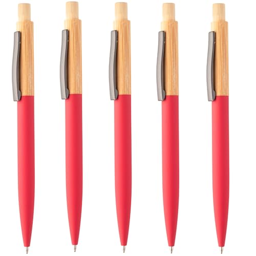 noTrash2003 5er Set Kugelschreiber aus Bambus und recyceltem Aluminium mit gummierter Oberfläche und Gunmetal-Clip, ökologischer Materialmix und modernes Design im Sparset -Blauschreibend. (Rot) von noTrash2003