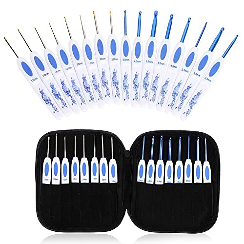 Häkelnadeln Set 16PCS Ergonomische Häkelnadeln mit tragbarer Tasche für DIY Handstrickkunst für Häkelliebhaber(Blau) von Mnixy