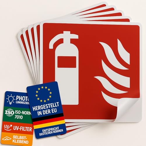 notlok Safety Work – 5x Feuerlöscher Schild Aufkleber [ 20x20 cm ] selbstklebend & nachleuchtend nach DIN EN ISO 7010 | Brandschutz Piktogramme | Schild Feuerlöscher | Wetterfeste Sicherheitsschilder von notlok Safety Work