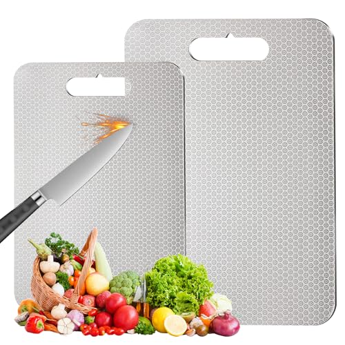 Titan Schneidebrett Set–2-teilig, 2025 Neues Upgrade – Kratzfestigkeit, 100% Edelstahl Schneidebrett 316，BPA-frei, Beidseitige Schneidebrett, ideal für Fleisch, Brot, Gemüse & Obst von nplaseta