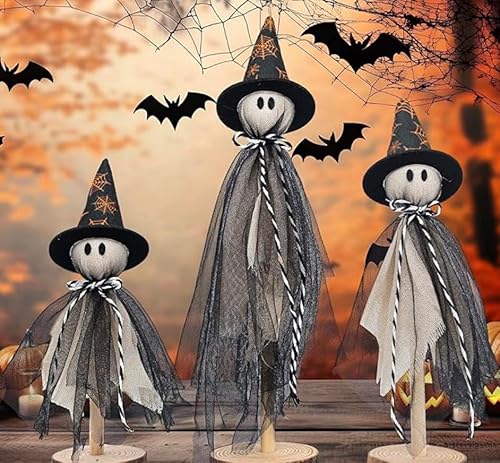 Halloween-Dekorationen für den Innenbereich, Set mit 3 Größen, Stoffgeister mit Spinnennetz-Hexenhüten, primitives Holzgeister-Set für Tischdekoration, Bauernhaus, Regal, Kaminsims, Küche Halloween-Dekorationen für den Innenbereich, Set mit 3 Größen, Stoffgeister mit Spinnennetz-Hexenhüten, primitives Holzgeister-Set für Tischdekoration, Bauernhaus, Regal, Kaminsims, Küche von oaesc