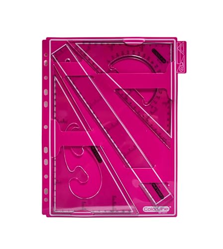 Komplettes Geometrie-Set mit 2 gebogenen Ecken, Zeichendreieck und Lineal von 30 cm - Ref. 32511 - in Hülle für die Archivierung im Ringbuch von Colorline by Office Box (Fuchsia) von office box