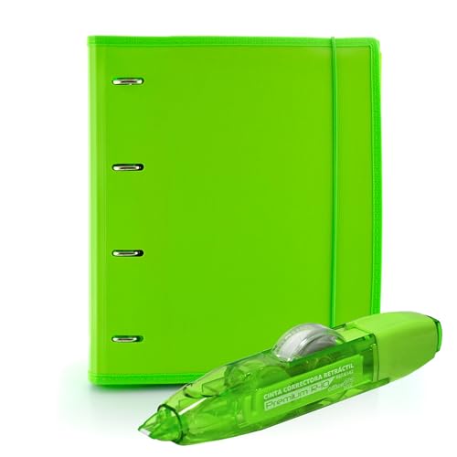 Office Box Ordner & – 4 Ringe – 100 Blatt – 10 Xtra-Register – 80 Aufkleber und Gummiverschluss – ideal für Ihre Ringbücher – 12 Farben – 100 % recycelbar (Hellgrün + Korrekturstift R10) von office box