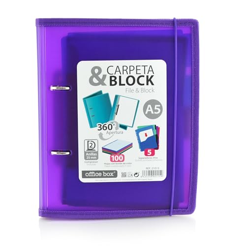 Ordner & Block A5-4 runde Ringe, 32 mm, 150 Blatt, 5 Farben, 5 Register, Gummiverschluss, verstärkte Seiten (lila) von office box
