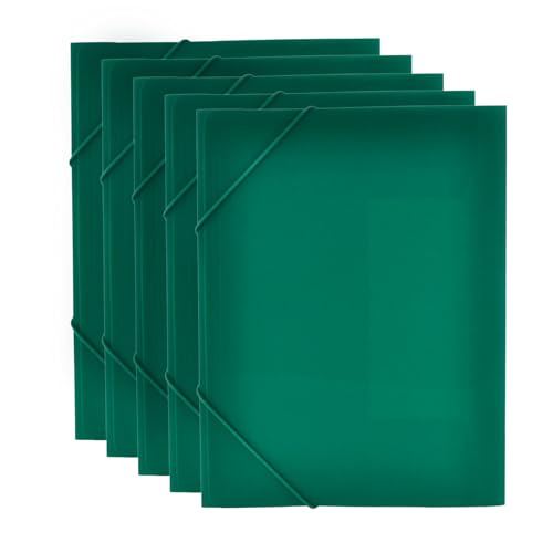 Packung mit 5 Mappen mit Gummiverschluss, Größe A4+ Maxi (ideal für Blätter, Zeichnungen, Karten, Unterordner), sehr robustes Material, 100 % recycelbares Polypropylen von Office Box (Grün opak) von office box